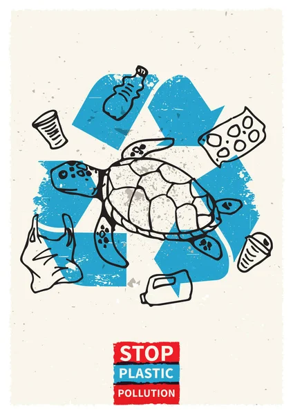 Stop ocean plastic pollution vector illustration with turtle — Stock Vector