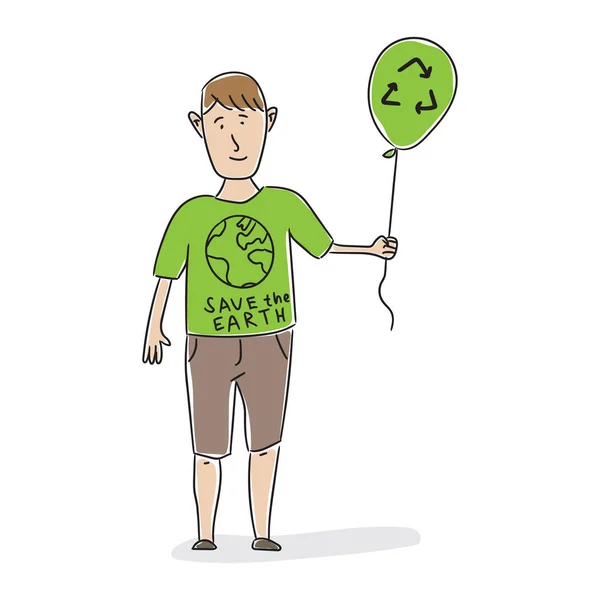 Uomo con palloncino verde e segno di riciclo — Vettoriale Stock
