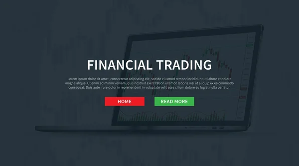 Banner de comercio de acciones financieras con ilustración de vector portátil — Vector de stock
