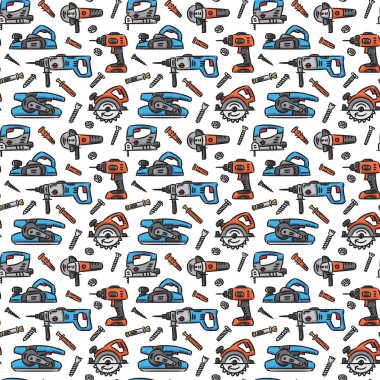 Elektrikli aletler vektörsüz şablon. Beyaz arka planda inşaat için elektrikli iş aletleri. Testere, tornavida, delgi, öğütücü, matkap ve diğer donanım.