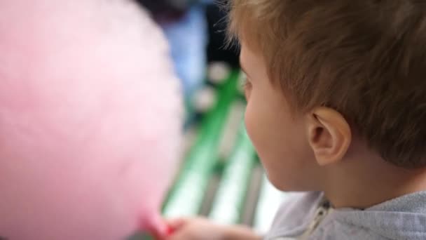 Bebé comiendo algodón de azúcar en el parque. Postre dulce y aireado — Vídeos de Stock