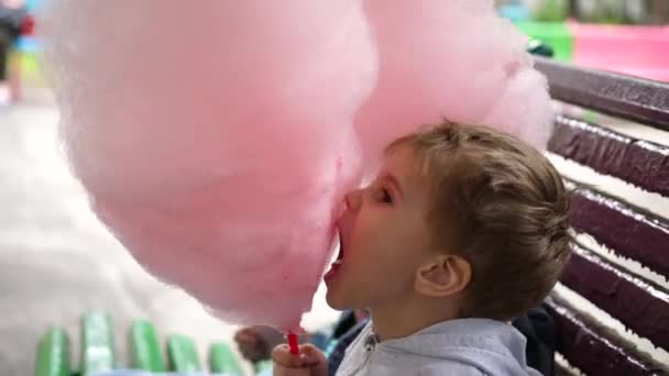 Los niños comen algodón de azúcar en el parque. Postres dulces y aireados. El día del nacimiento del niño . — Vídeos de Stock
