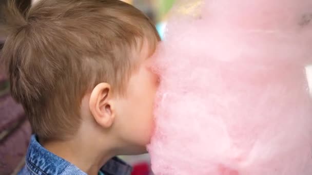 Los niños comen algodón de azúcar en el parque. Postres dulces y aireados. El día del nacimiento del niño . — Vídeos de Stock