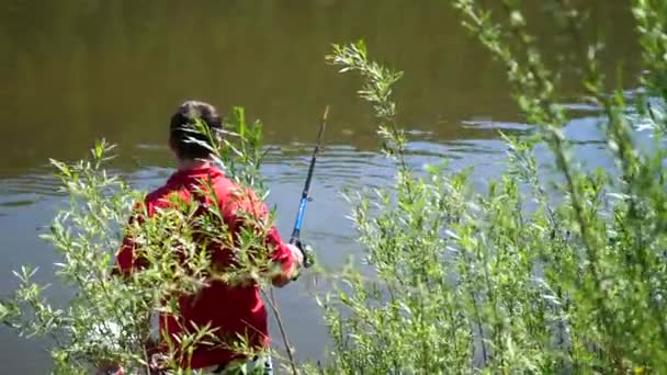 Zwei kleine Kinder und ein junger Vater fischen am Ufer des Flusses. schöne Sommerlandschaft. Freizeitgestaltung im Freien. — Stockvideo