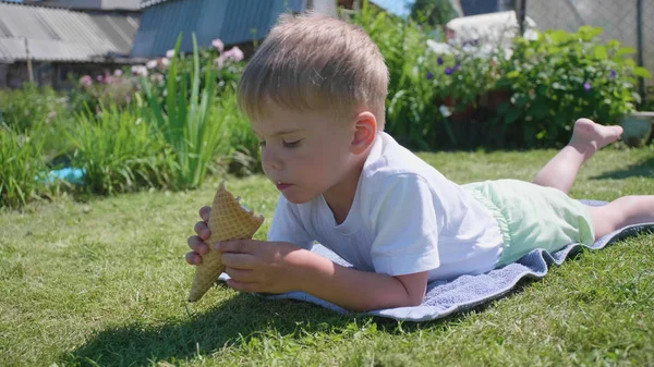 Ένα μικρό αγόρι, ξαπλωμένη στο γρασίδι και χαρούμενοι να φάει παγωτό. Ζεστή καλοκαιρινή μέρα, κρύο γλυκό επιδόρπιο — Φωτογραφία Αρχείου