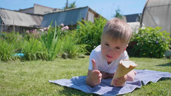 Un ragazzino sdraiato sul prato e felice di mangiare un gelato. Caldo giorno d'estate, dolce dessert freddo — Foto Stock