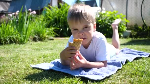 Маленький мальчик лежит на лужайке и с радостью ест мороженое. Жаркий летний день, холодный сладкий десерт — стоковое видео
