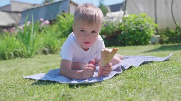 Um rapazinho deitado no relvado e feliz por comer gelado. Dia quente de verão, sobremesa doce fria — Vídeo de Stock