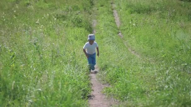 Маленький хлопчик біжить вузькою стежкою в лісі. Відкриті розваги. Спекотний літній день — стокове відео