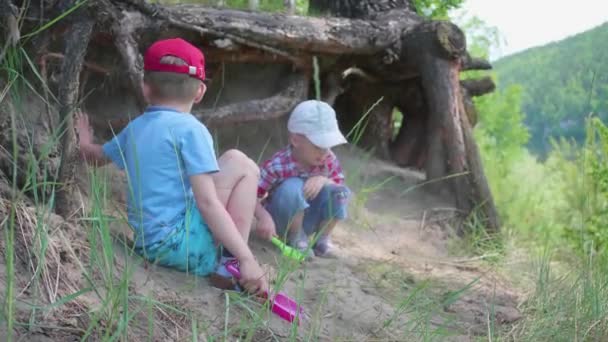 Dwoje dzieci bawią się w pobliżu Wielkiego drzewa. Korzenie drzew iglastych drzew rosną poza Ziemia. Piękne lato krajobraz. Gorące lato — Wideo stockowe