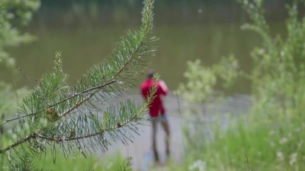 Pescador con una caña de pescar está en la orilla del río. Hermoso paisaje de verano. Recreo al aire libre. Hobby. — Vídeos de Stock