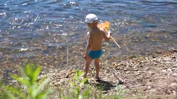 Pojke fisknät på floden Bank. Vackra sommarlandskap. Friluftsliv och rekreation. Sommarlov i byn — Stockvideo