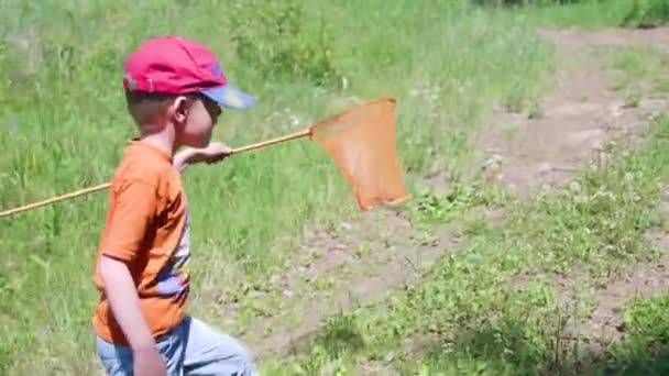 Pojken fick en liten fisk. Barnet går på en skogsstig med en hake. Vackra sommarlandskap. Friluftsliv och rekreation. — Stockvideo