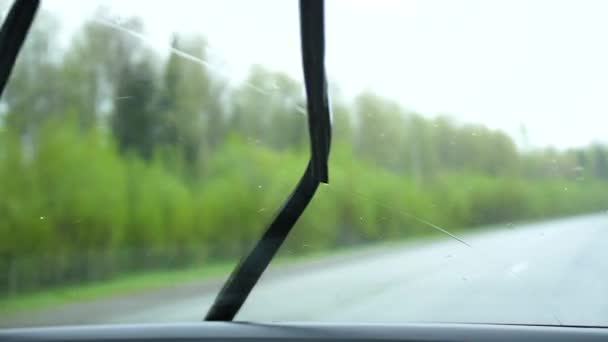 De auto gaat op de snelweg. Het regent harde buitenkant, ruitenwissers werken. Regendruppels op glas — Stockvideo