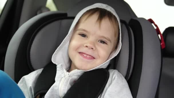 Voyage en famille. Familles sur l'autoroute. Petit enfant assis sur le siège auto, sécurité sur la route — Video