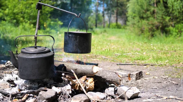 Cooking on an open fire. Outdoor recreation.