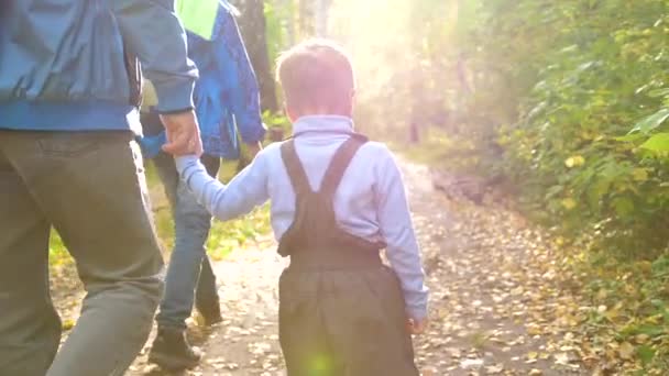 若い父親は彼の子供と秋の公園で歩きます。父は彼の息子の手を保持しています。秋の風景 — ストック動画