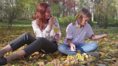 Anne ve oğlu Sonbahar Park oynamak. Sarı yaprakları atarlar. Mutlu açık eğlence