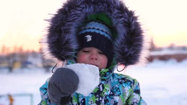Een jongen in een winter Park, gezicht close-up. Wandelen in de frisse lucht. Gezonde levensstijl — Stockvideo