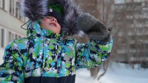 Małe dziecko spacery w parku zimowym. Baby gry i uśmiechający się macha. Aktywny wypoczynek i gry. — Wideo stockowe