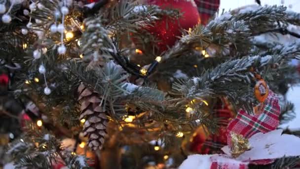 Straat kerstboom. Kerstballen, slingers en decoraties op vuren bomen — Stockvideo