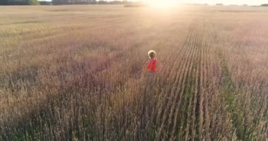 Kaçarken alanda buğday elbiseli bir genç kız. Bir dron--dan ateş. Spor açık havada