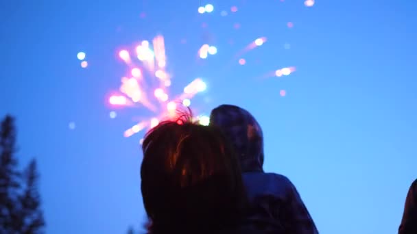 Familie schaut zum Himmel beim Feuerwerk. der Nachthimmel in Lichtern — Stockvideo