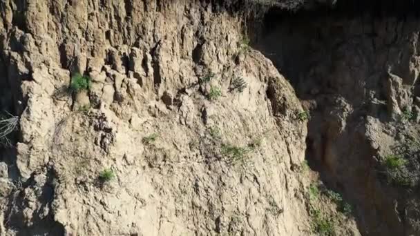 Het meisje staat aan de rand van de klif. Prachtig landschap van berg rivier en bos. Fotograferen vanaf boven — Stockvideo