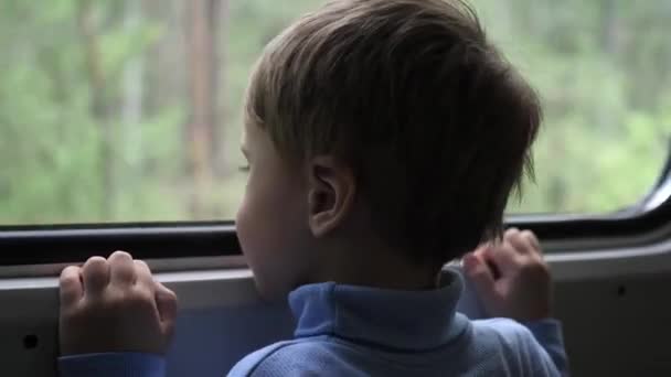 Il ragazzo viaggia in treno e guarda fuori dalla finestra, guardando gli oggetti in movimento fuori dalla finestra. Viaggiare con la famiglia — Video Stock