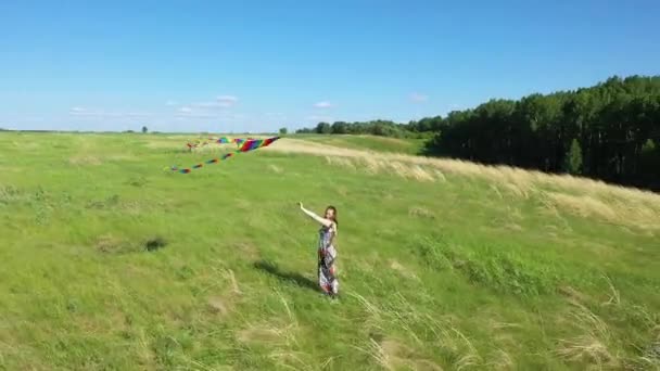 Девушка бежит с воздушным змеем на зеленом поле. Смех и радость, праздничное настроение. летний отдых — стоковое видео