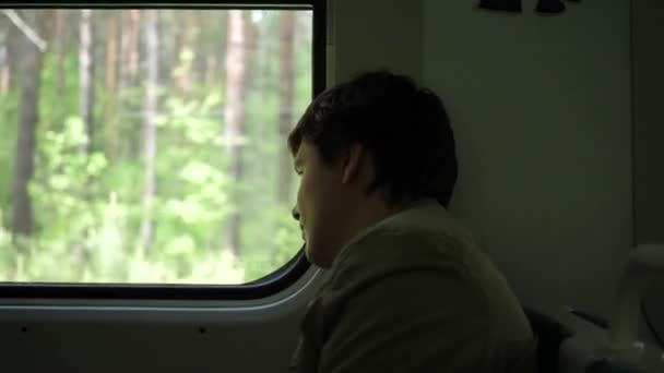 Le gars prend le train et regarde par la fenêtre, regardant les objets en mouvement à l'extérieur de la fenêtre. Voyager en famille — Video