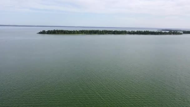 Огляд прекрасного літнього пейзажу. Літаючий дрон над річкою та деревами. Перегляд очей птахів — стокове відео