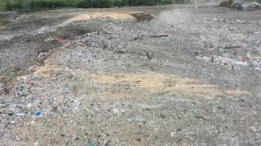 Şehir Çöplüğü. Araç ve çöpte çalışan insanlar. Gıda Atıkları ile Beslenen Kuşlar Üzerinde Uçuyor.