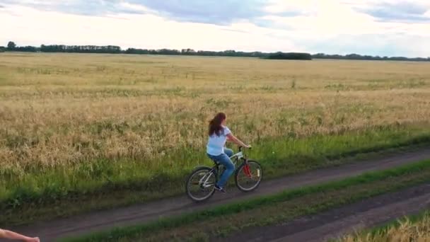 Tjej med en kille som rider på en cykel längs ett vetefält. Resa med familj på cyklar. Vackert landskap från en höjd, tiden för solnedgången — Stockvideo