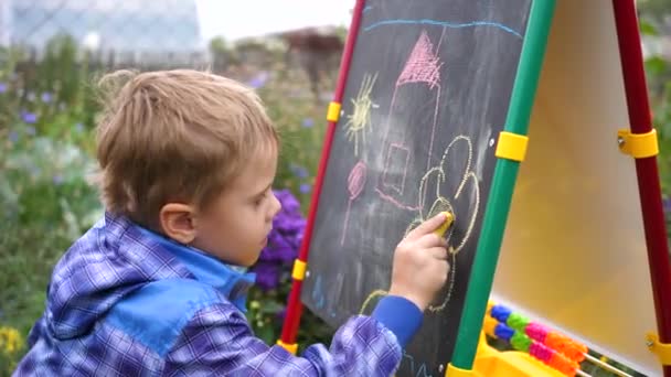 Ung konstnär ritar på tavlan. En pojke i det öppna luften bland blommor och grönska drar barnens bilder med krita på tavlan. — Stockvideo