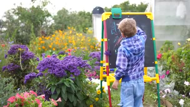 Artista joven dibuja en la Junta. Un niño al aire libre entre las flores y la vegetación dibuja imágenes de niños con tiza en el tablero . — Vídeo de stock