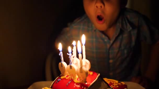 Das Kind bläst an seinem Geburtstag die Kerzen auf der Torte aus. Kinderferienprogramm — Stockvideo