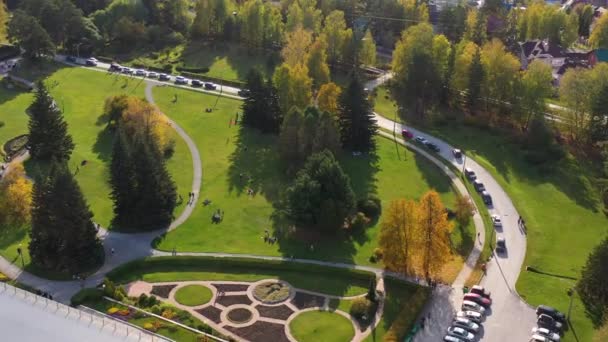 De huizen en huisjes worden omgeven door een park en bos. Schieten vanaf hoogte — Stockvideo