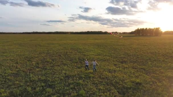 Мати і хлопчик бігають з змієм на зеленому полі. Сміх і радість, святковий настрій. Осінь, захід сонця — стокове відео