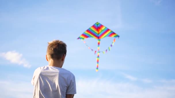 Chłopiec gra z latawcem na niebieskim tle nieba. Rozrywka na świeżym powietrzu — Wideo stockowe
