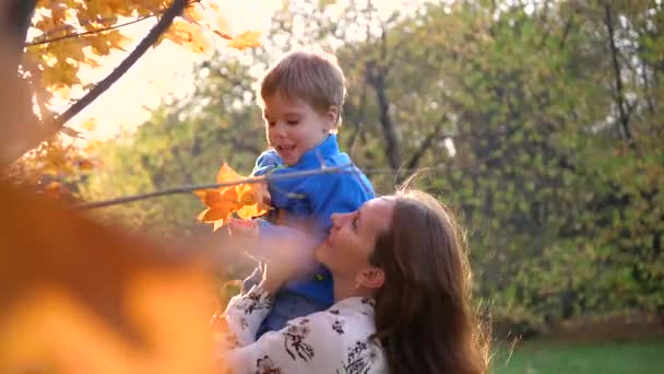 Una mamma gioca con un bambino, lo tiene tra le braccia, vomita. I soli irradiano attraverso il bambino. Le risate e la gioia della famiglia . — Video Stock