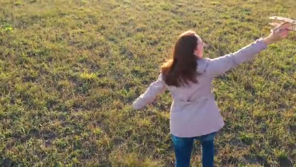 La chica corre a través del campo, sosteniendo un avión, simula el vuelo. Otoño Día soleado. Entretenimiento exterior — Vídeo de stock