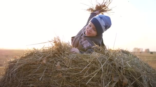 一个孩子坐在草堆上. 他玩又笑，在乡间玩。 日落时分 — 图库视频影像