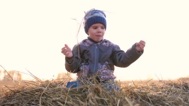 Un niño se sienta en un pajar. Él juega y ríe. Campo. Puesta de sol — Vídeos de Stock