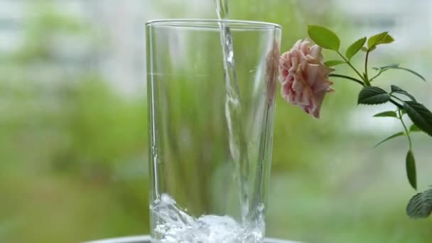 Verser l'eau plate dans le verre transparent à l'extérieur . — Video