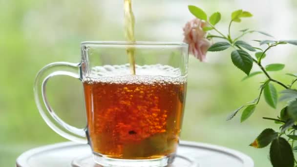 Pouring the tea with leaves of currant, lemon balm, mint, raspberry in a glass cup.Tea party outdoors — Stock Video