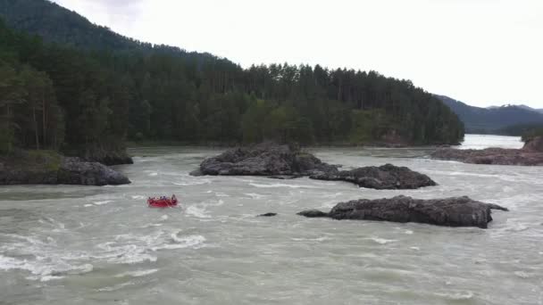 Grupa ludzi płynie nadmuchiwaną łodzią po górskiej rzece. Rafting sportowy — Wideo stockowe