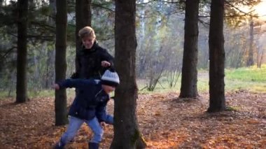 Bir genç bir çocukla oynuyor, bir ağacın etrafında parkta koşuyor ve ona yetişiyor. Güneş ışınları çam ormanına nüfuz ediyor. Tüm ailenin kahkahası ve neşesi.