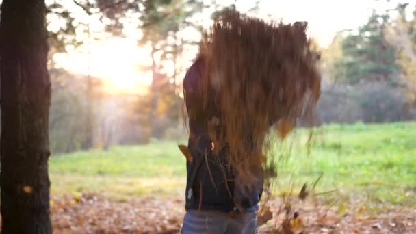 Il bambino gioca nel parco, getta le foglie. I raggi solari penetrano nella pineta. Risate e gioia del bambino. — Video Stock