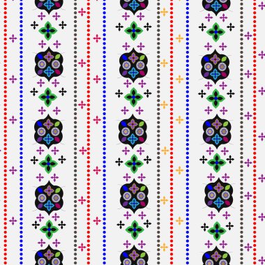 Kabile elementleri ile kusursuz etnik geometrik desen. Çizgili ve yıldızlı renkli geometrik desen